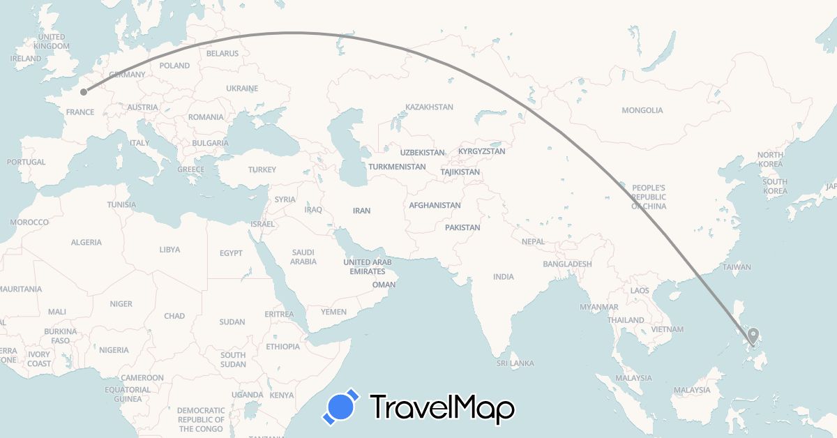 TravelMap itinerary: driving, plane in China, France, Philippines (Asia, Europe)